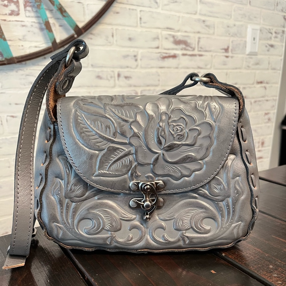 Patricia Nash rose tooled collection, Lucia shoulder purse color smoke